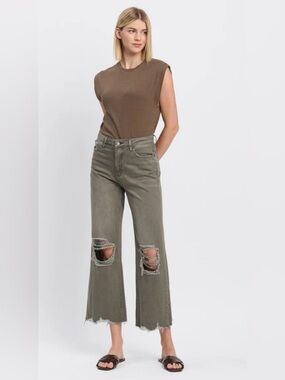 Vervet Super High Rise 90s Vintage Crop Flare Distressed Jeans Green Size 27 EUC